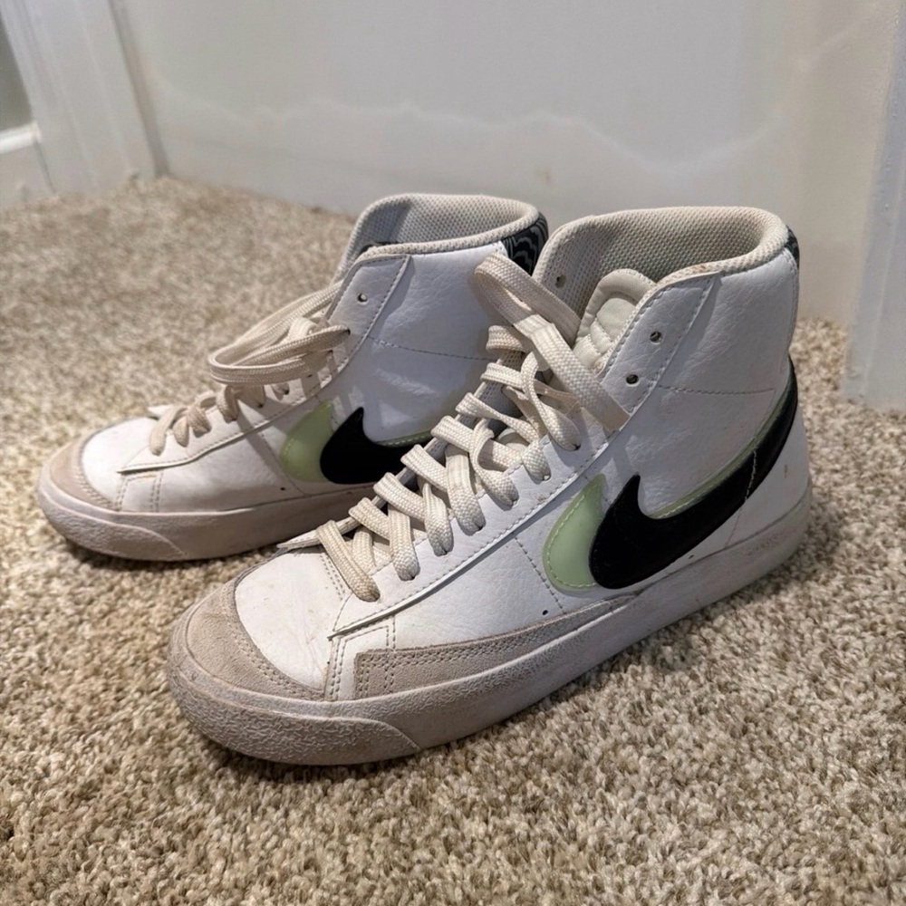 Nike White and Black High-Tops with Green Detail